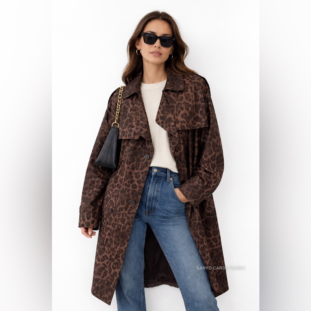 Sanyo Carol Cohen Small Brown Leopard Print Trench Coat Oversized